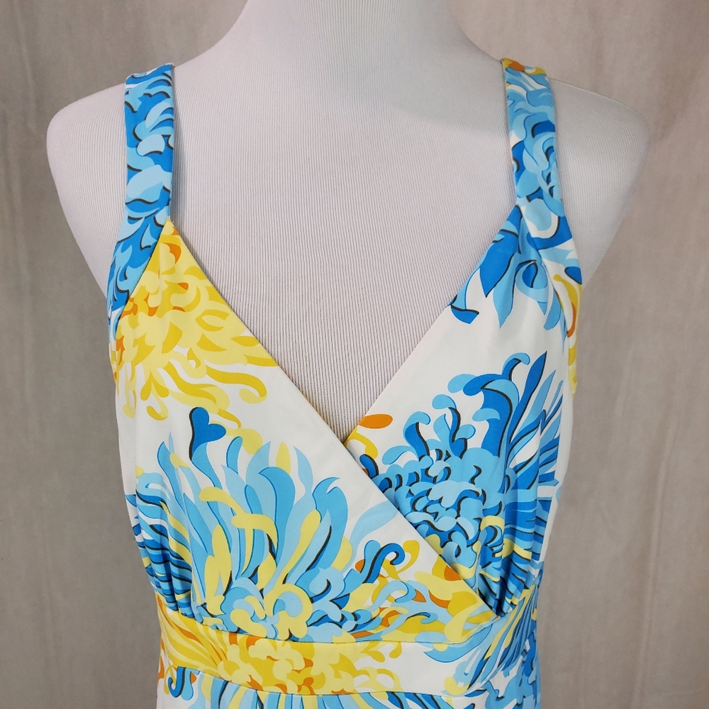 J. McLaughlin Floral Maxi Dress Size L Blue Yellow Sleeveless V Neck - Picture 5 of 12